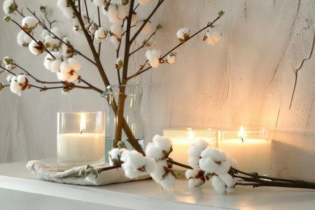 Stylish table with cotton flowers and aroma candles near light wallの素材
