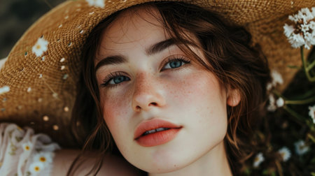 A young woman in a straw hat lies among flowers, enjoying the summer breezeの素材