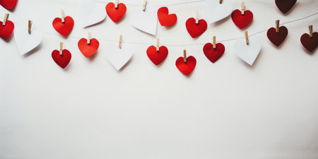 Red and white paper hearts hung on strings against a plain background for Valentine's Dayの素材