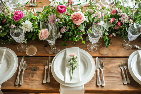 A rustic wooden table adorned with a sophisticated floral arrangementの素材