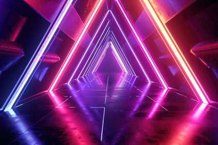 A neon-lit triangular tunnel creating a futuristic ambianceの素材
