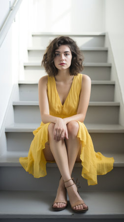 Woman in vibrant yellow dress sitting thoughtfully on white stairsの素材