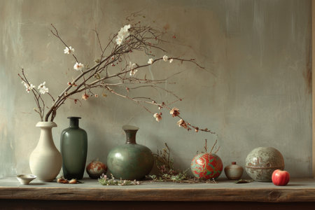 Artistic still life of ceramic vases and spring blossoms against a textured backdropの素材