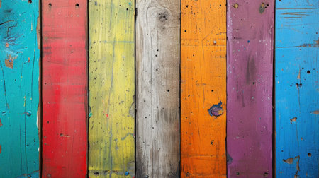 Colorfully painted wooden boards, the background of a multicolored wooden surfaceの素材