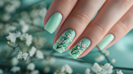 Close-up of hand with turquoise nail polish and floral designの素材