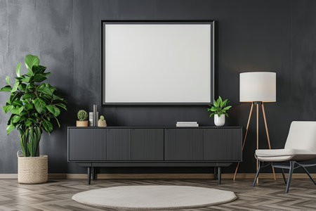 Modern dark interior of the living room with sideboard and decoration, mock-up frameの素材