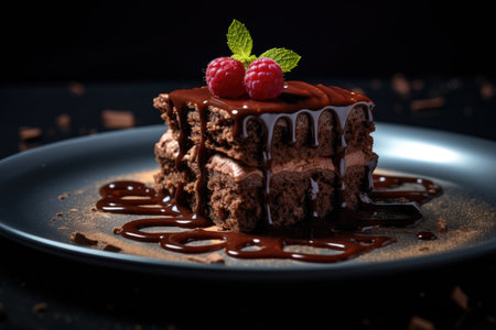Luscious chocolate cake topped with raspberries on dark plateの素材
