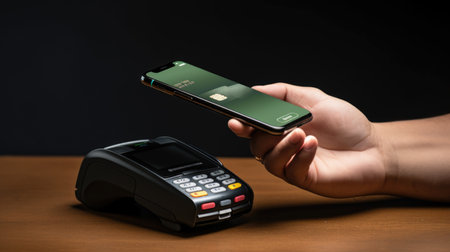 Hand holding smartphone over a card reader for contactless paymentの素材