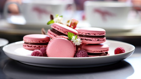 Plate of pink macarons garnished with fresh raspberriesの素材