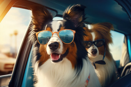 Two dogs wearing sunglasses in a car, capturing the essence of a cool road tripの素材