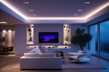 Stylish interior showcasing LED-lit living room at duskの素材