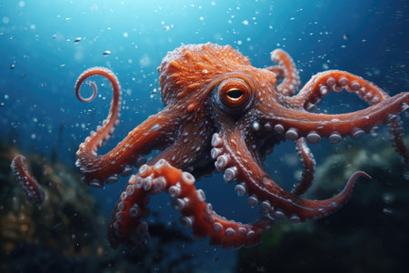 A dynamic orange octopus swims amongst bubbles in the deep blue seaの素材