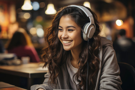 A smiling woman enjoys music in a cafe setting with headphonesの素材