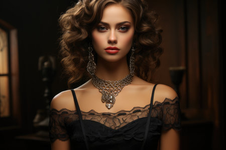 Glamorous woman in a black dress adorned with exquisite jewelryの素材