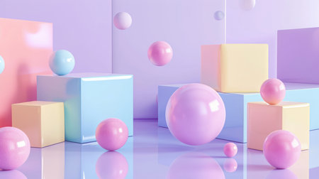 Multicolored cubes and spheres on a glossy light purple backgroundの素材