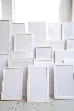 A collection of empty white frames leaning against a wallの素材