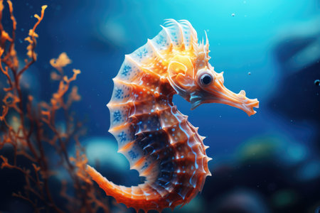 An orange seahorse with intricate patterns floats in a sun-drenched seaの素材