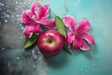 A ripe apple beside vibrant pink lilies on a dewy surfaceの素材