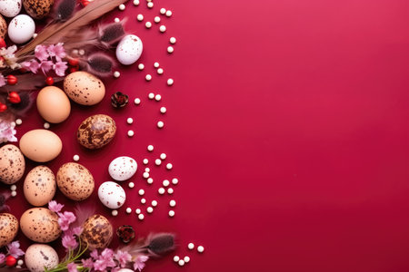 Vibrant red backdrop with assorted Easter eggs and spring flowersの素材