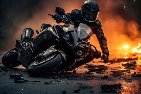 A motorcyclist crouched beside a motorcycle on a road with flames and debrisの素材