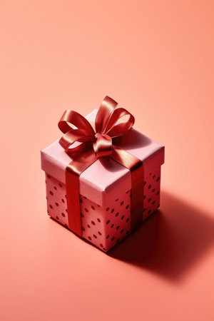 Elegant pink gift box tied with a red ribbon on a coral backgroundの素材