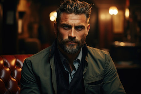 Portrait of a mature man with a rugged beard, exuding confidence in a dimly lit ambianceの素材