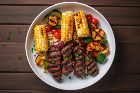Top view of a grilled steak and vegetables meal on a white platterの素材