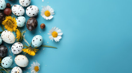 Quail and chocolate eggs scattered with daisies on a blue backdropの素材