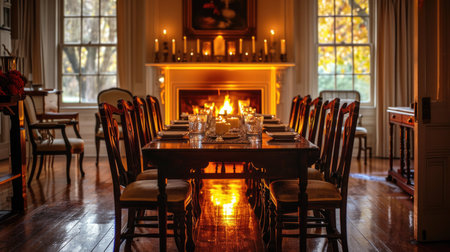 A warm, inviting dining room with lit fireplace and table set for dinnerの素材