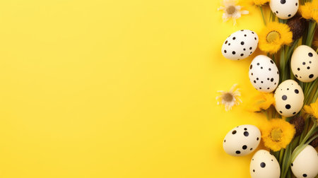 Dotted Easter eggs and yellow flowers on a bright yellow backgroundの素材