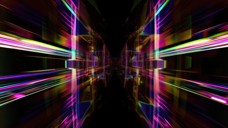Vibrant neon lights reflecting in a dark, mirrored futuristic corridorの素材