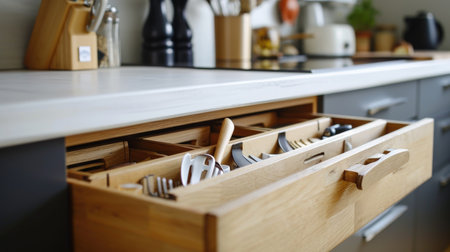 Open wooden drawer showcasing organized kitchen utensilsの素材