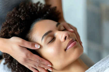 Close-up of a relaxed African-American woman receiving a facial massage at a spaの素材