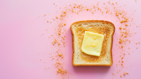 Grilled toast with melting cheese on a pink surface with crumbs aroundの素材