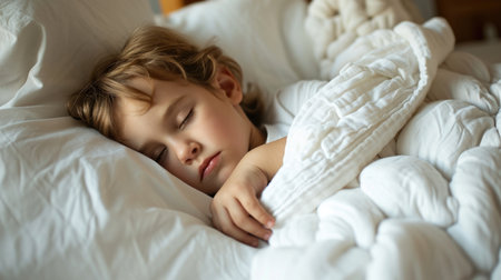 Young boy asleep in a soft white bed, embodying peaceful restの素材