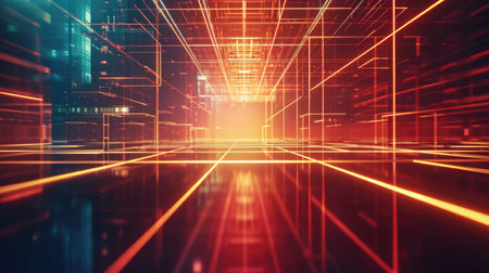 Vibrant orange digital grid lines create a 3D futuristic landscapeの素材