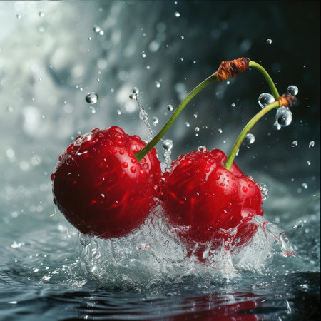 Two cherries with stems create a dynamic splash in water, capturing a fresh and vibrant sceneの素材