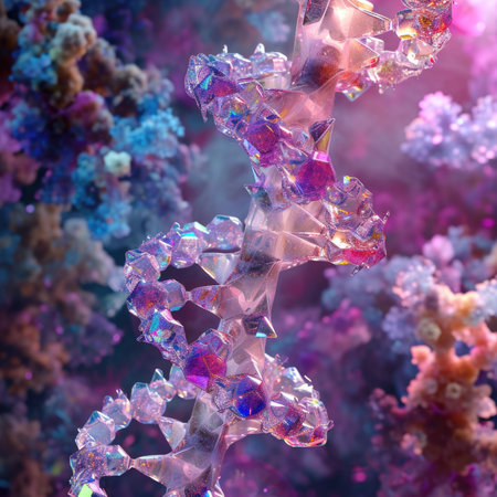 A vibrant DNA helix structure glows with iridescent hues against a colorful backdropの素材