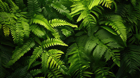 Vibrant green ferns overlap in a dense, natural patternの素材