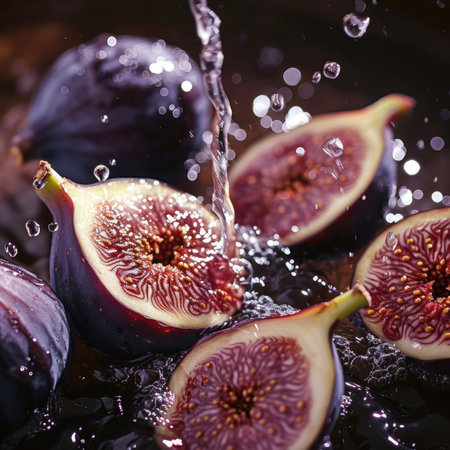 Water splashing on succulent figs, with a cut fig revealing its seedsの素材