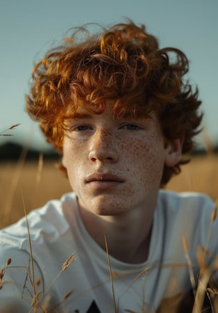 Close-up portrait of a pensive redhead teenager with freckles in a fieldの素材