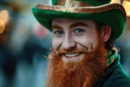 Smiling young man in a green hat and dyed beard celebrating St. Patrick's Dayの素材