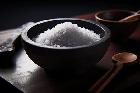 Coarse sea salt in a bowl, with a wooden spoon, symbolizing culinary art and flavorの素材