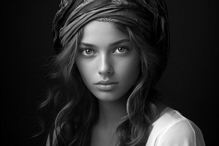 Black and white portrait of a young woman in a headscarf gazing thoughtfullyの素材