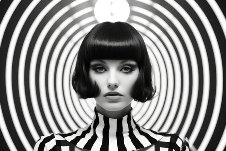 A woman in striped attire against a hypnotic black and white backdropの素材
