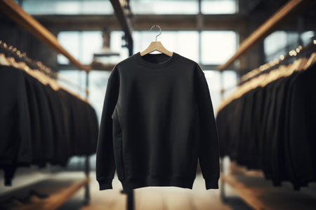 A single black sweatshirt on a wooden hanger in a modern fashion store settingの素材