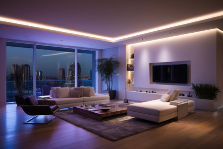 Luxurious living room at dusk with ambient lighting and a stunning cityscapeの素材
