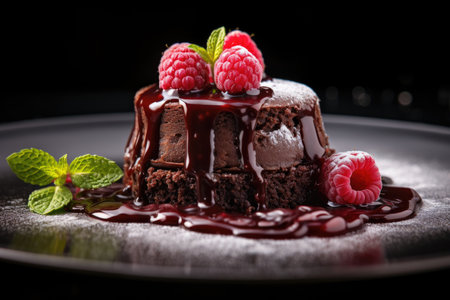Gourmet chocolate lava cake with raspberries and mintの素材