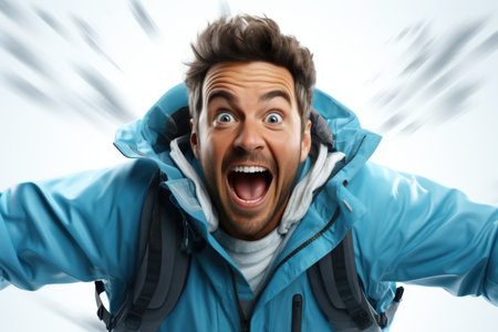 Overjoyed man in a blue winter jacket with a dynamic, motion-blurred backgroundの素材
