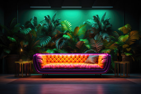 The interior of the living room with leather sofas and potted plants with pink neon lighting and carpetの素材